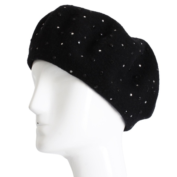 Norma Kamali OMO Hat Beret Black Wool Embellished Rare Retro Vintage 80s main image 8